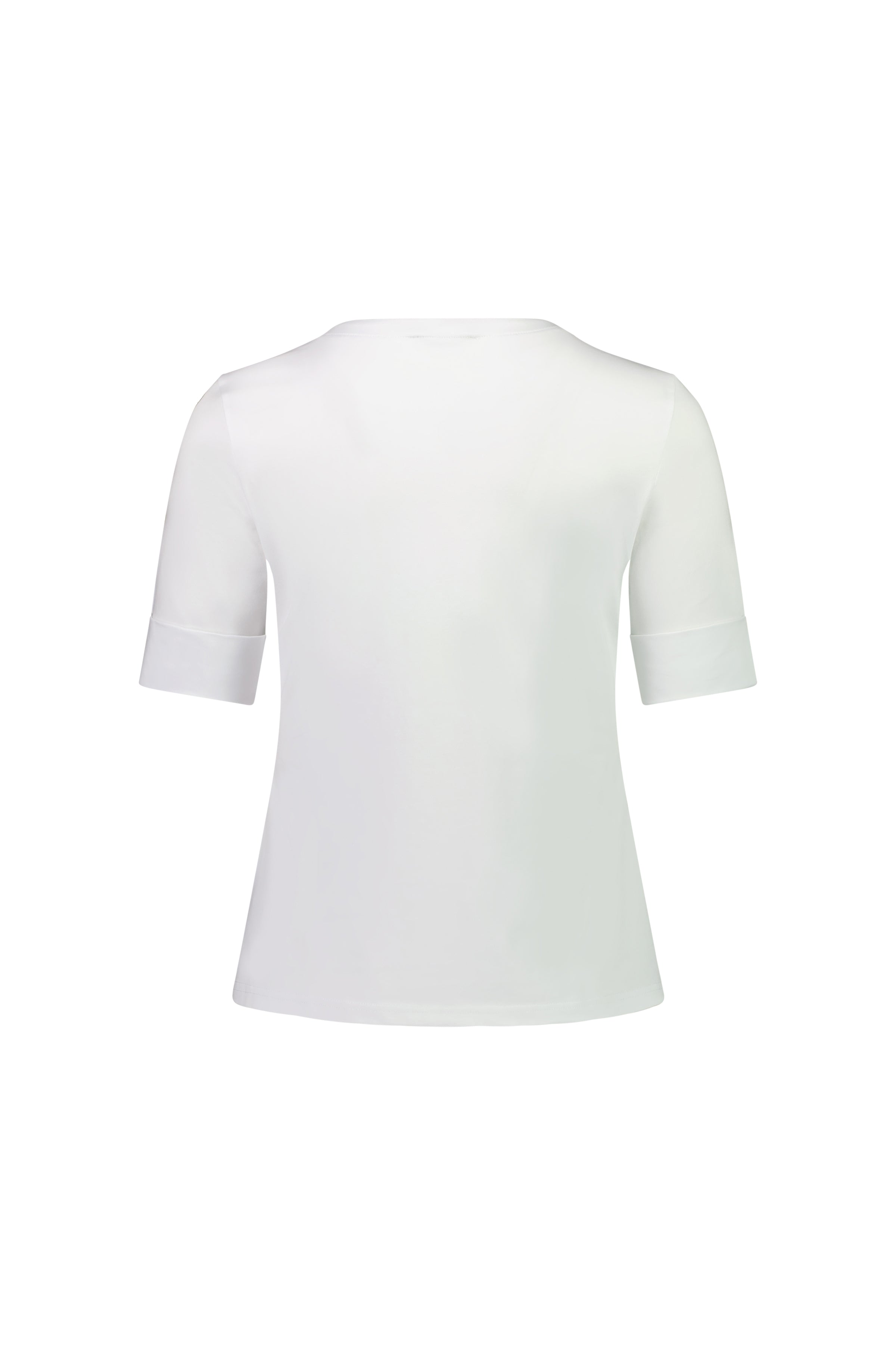 Back view of the Vassalli V-Neck Top in white, featuring a relaxed fit and short sleeves in soft stretch cotton jersey, shown against a white background.