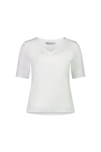 The Vassalli V-Neck Top - White is a relaxed fit, plain short-sleeved blouse made from stretch cotton jersey, shown on a white background.