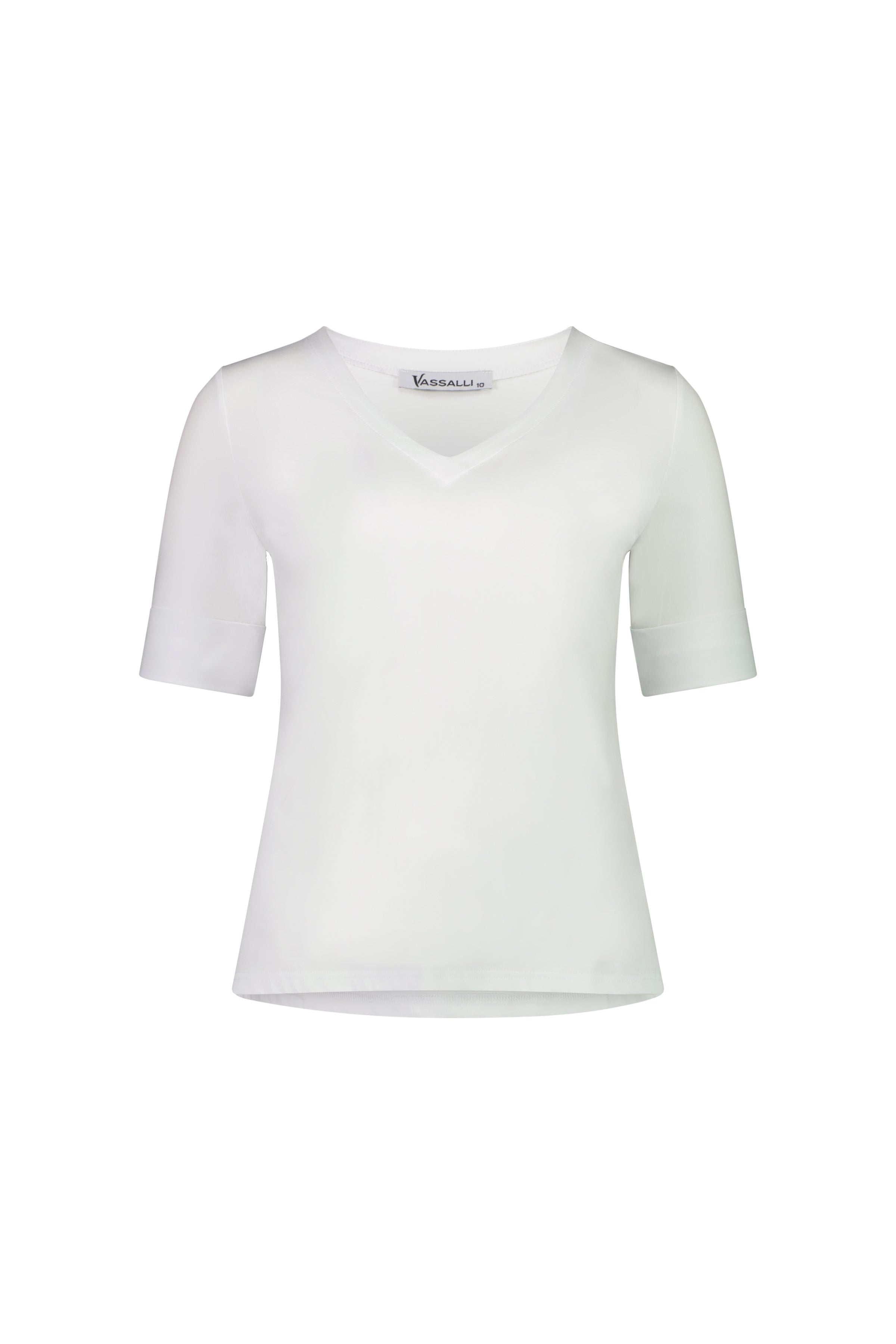 The Vassalli V-Neck Top - White is a relaxed fit, plain short-sleeved blouse made from stretch cotton jersey, shown on a white background.