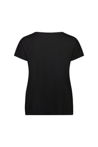 The Thea Top by Vassalli is a plain black short-sleeve stretch cotton t-shirt, shown from the back on a white background.