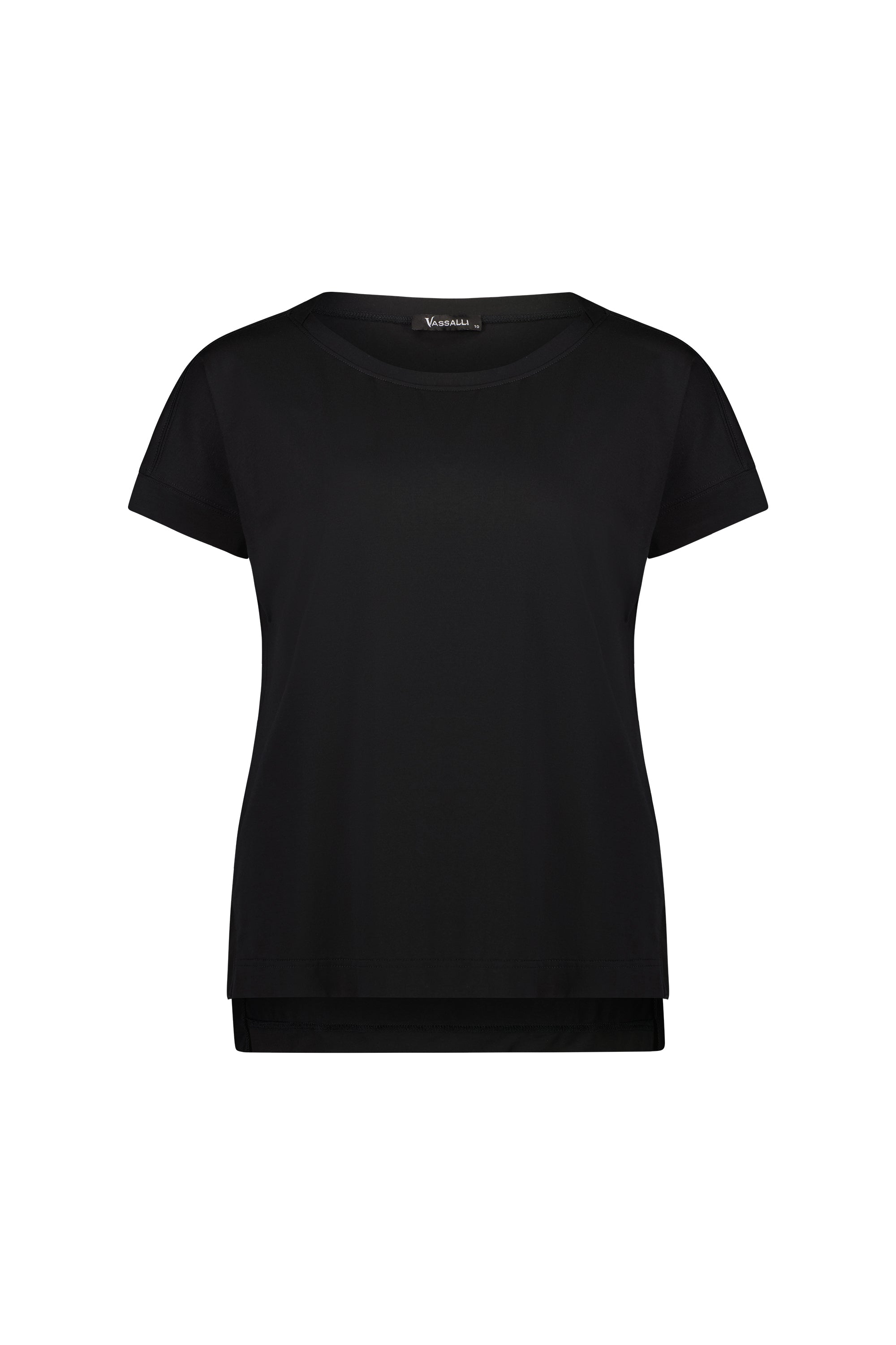 The Vassalli Thea Top in black is a plain, short-sleeved stretch cotton jersey for women. Featuring a round neckline and relaxed fit, this top has no visible logos or patterns and is displayed on a white background.