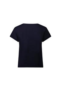 The Thea Top - Ink by Vassalli is a plain, short-sleeved stretch cotton t-shirt in dark navy blue, shown from the back against a white background.