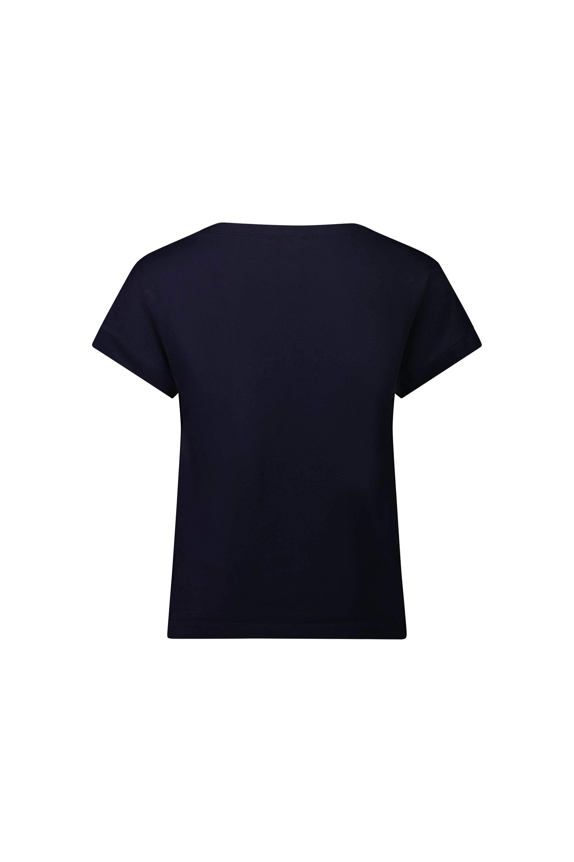 The Thea Top - Ink by Vassalli is a plain, short-sleeved stretch cotton t-shirt in dark navy blue, shown from the back against a white background.