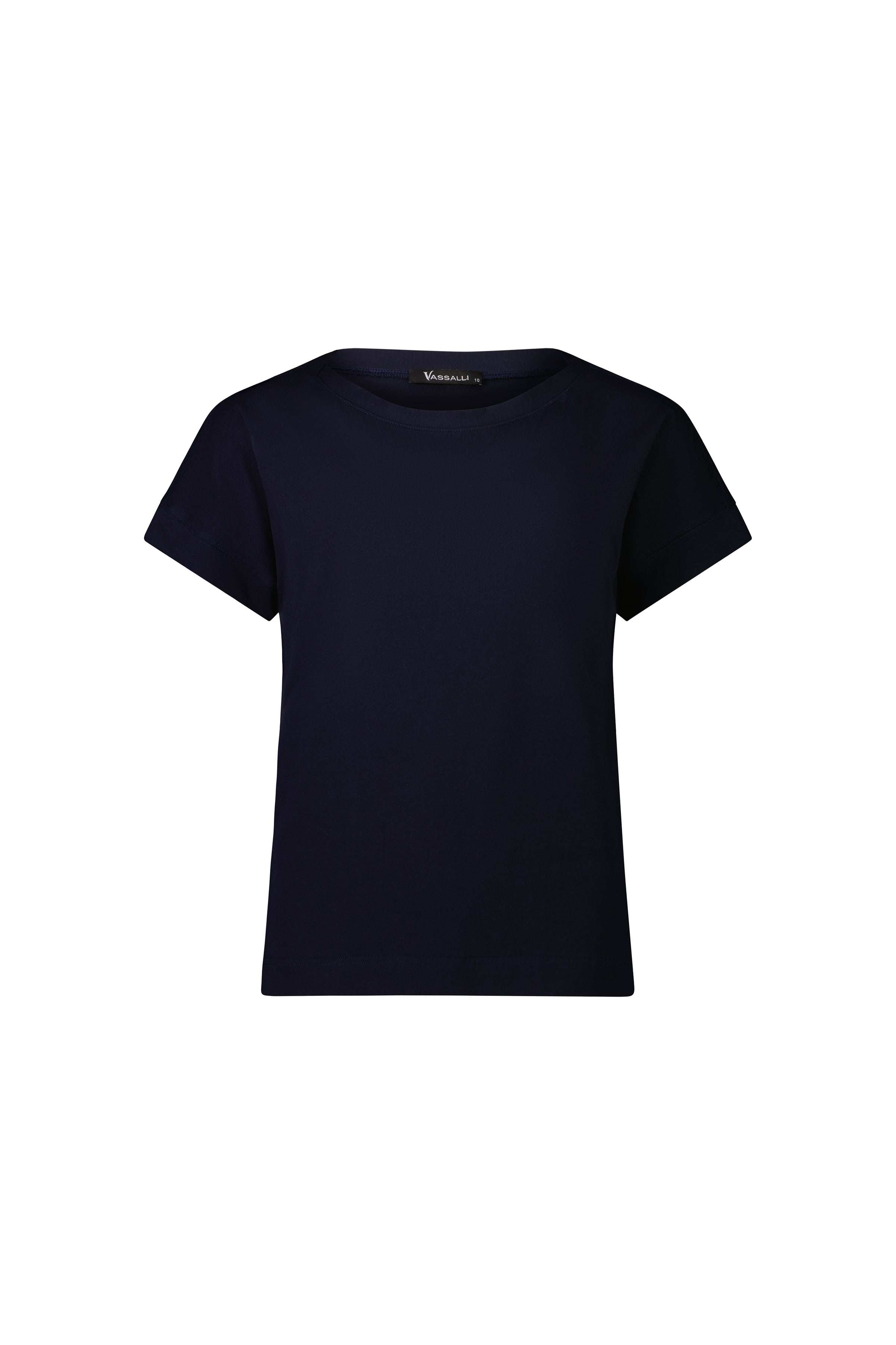 The Vassalli Thea Top in Ink is a plain, short-sleeved stretch cotton t-shirt with a crew neckline and classic design, shown on a white background with no visible patterns or logos.