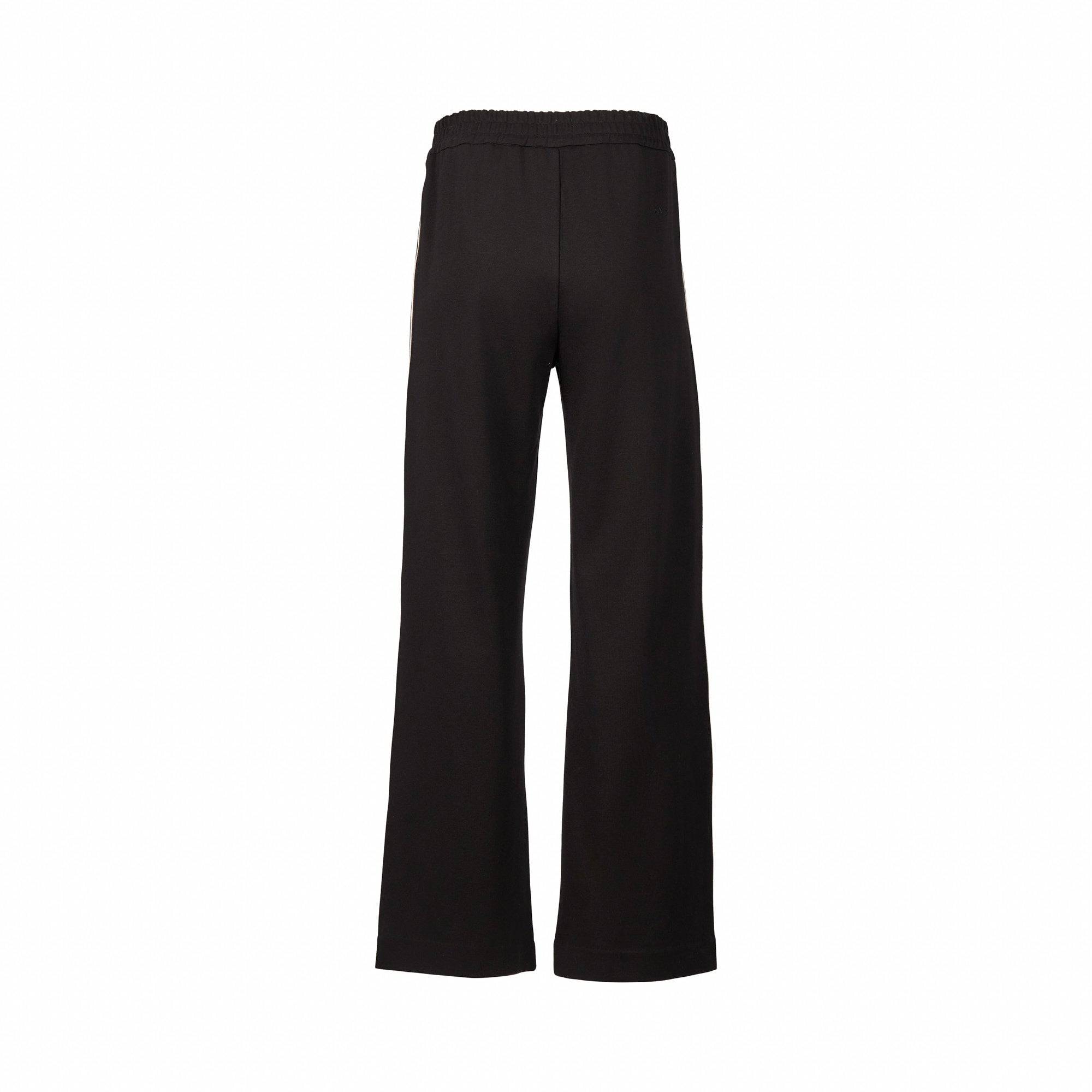 The Vassalli Weekend Pant - Black 2.0 features wide legs, an elastic waistband, and subtle side stripe panels in soft stretch fabric. Shown from the back on a plain white background.