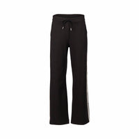 The Vassalli Weekend Pant - Black 2.0 features a relaxed fit with wide straight legs, an elastic waistband, drawstring tie, and bold side stripe panel. Made from stretch fabric for comfort, shown here against a white background.