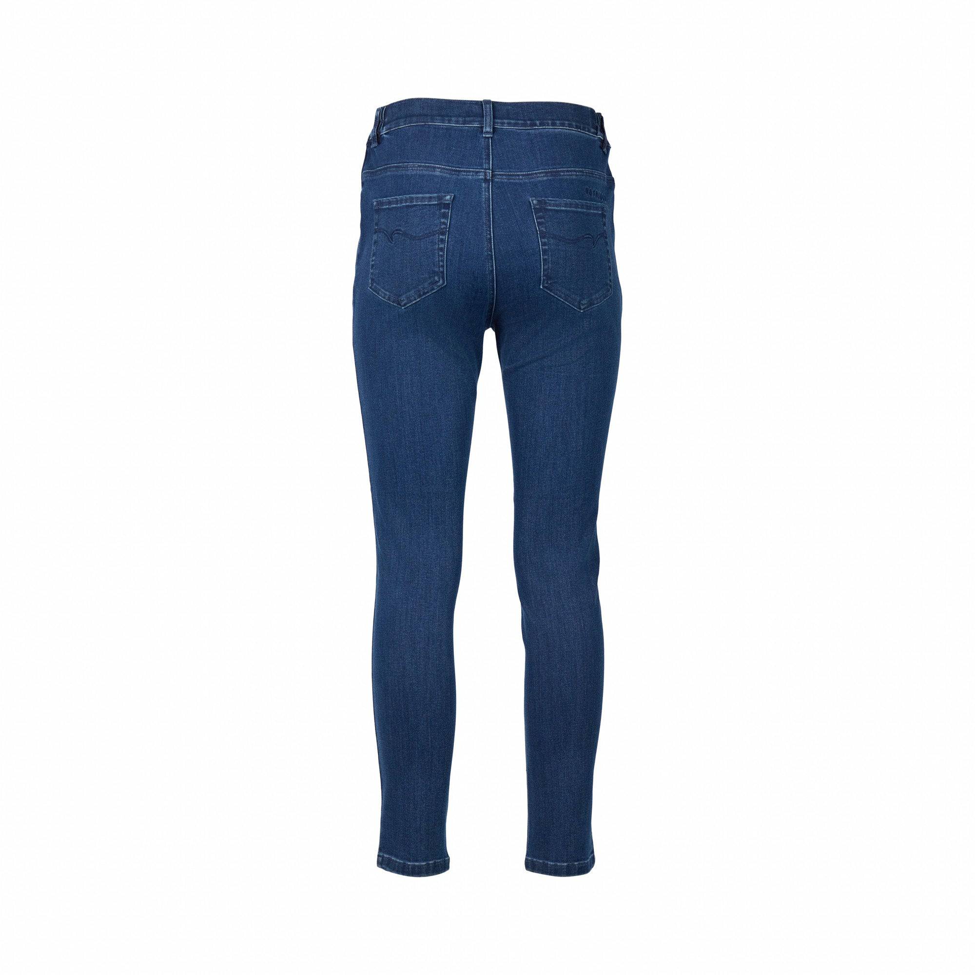 Back view of the Vassalli Mode Jean in blue denim, featuring two back pockets, belt loops, visible stitching, and side waistband elastic, shown on a white background.