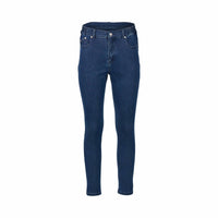 A pair of Vassalli Mode Jean - Blue Denim, high-waisted skinny leg ankle grazer jeans with pockets, silver button, visible stitching, and side waistband elastic, shown on a plain white background.