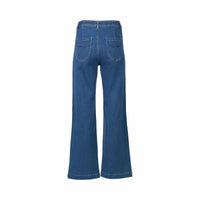 Back view of Vassalli Peace Jean - Blue Wash, featuring a wide leg, two back pockets, and visible stitching in blue stretch fabric, displayed against a plain white background.