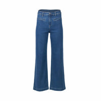 The Vassalli Peace Jean in Blue Wash is a high-waisted, wide leg jean with flared legs, front zipper pockets, and stretch fabric, shown on a plain white background.