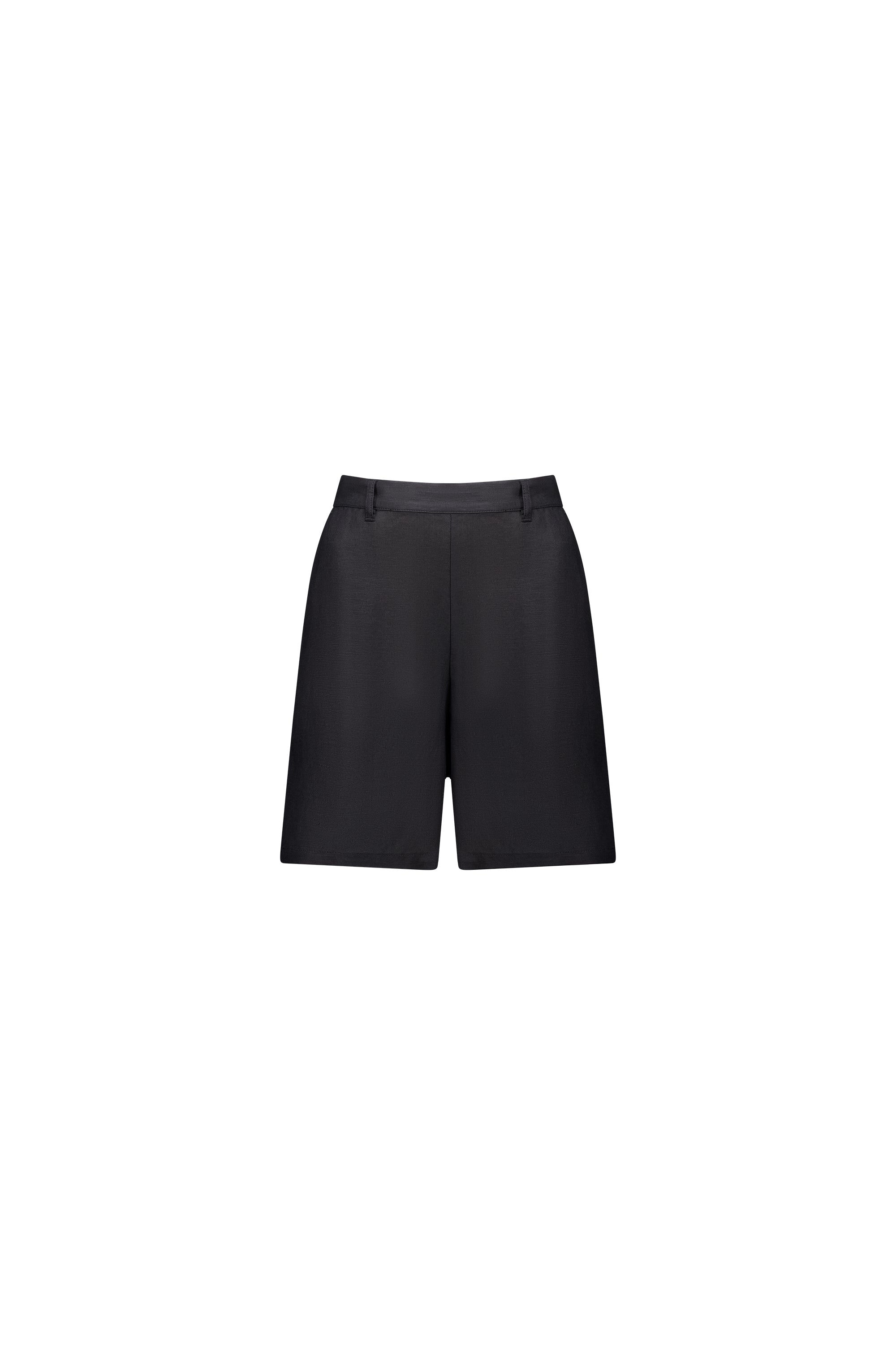 The Vassalli Pull On Linen Short in black features a minimalist design, belt loops, and an elastic back waistband for comfort. Shown against a plain white background.