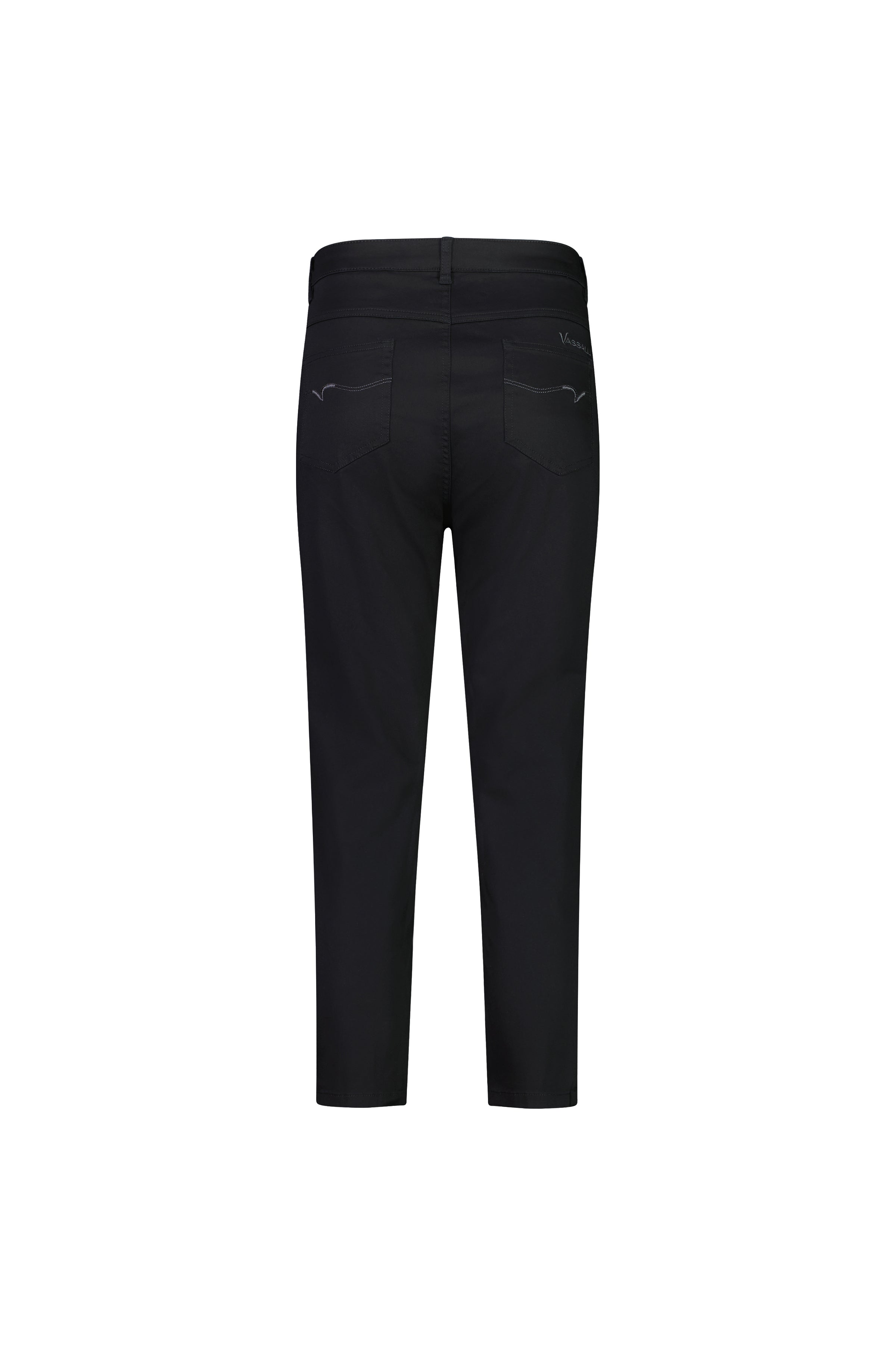 Back view of the Vassalli Sara 7/8 Pant in black, featuring a skinny fit with two rear pockets and subtle stitching details, shown against a white background.