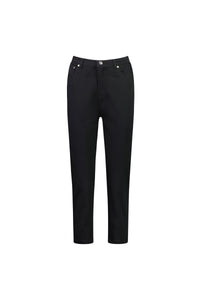 The Vassalli Sara 7/8 Pant in black features a straight-leg cut, stretch cotton fabric, front and back pockets, belt loops, and button closure. Displayed against a plain white background.