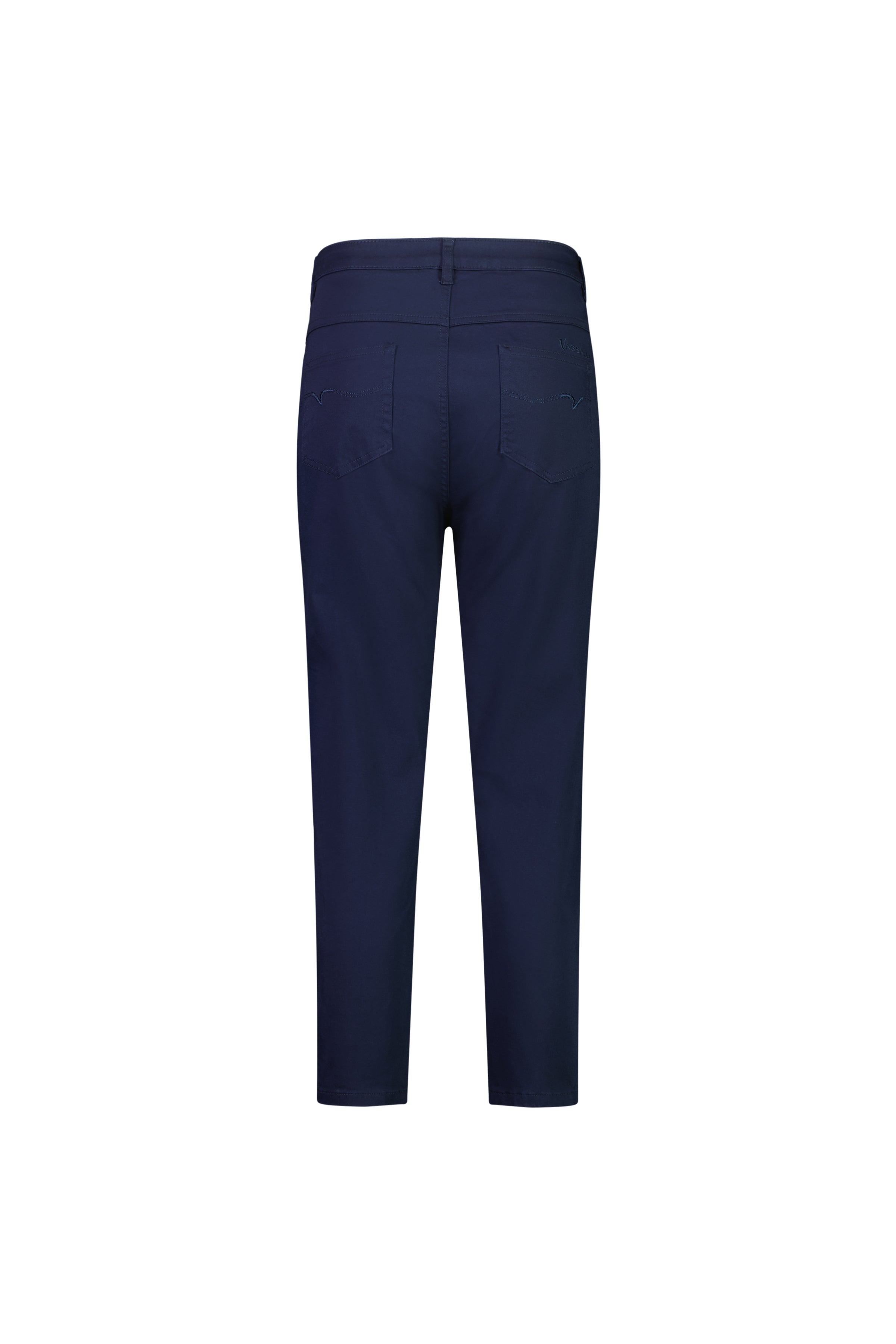 Back view of the Vassalli Sara 7/8 Pant in navy, a skinny fit, cropped stretch cotton style with two rear pockets, shown on a plain white background.