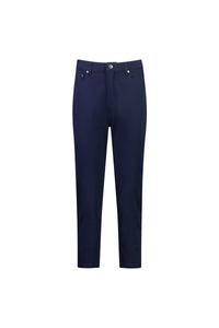 The Vassalli Sara 7/8 Pant in navy features a skinny fit, cropped length, front and back pockets, belt loops, and a button-zip closure, shown against a white background.