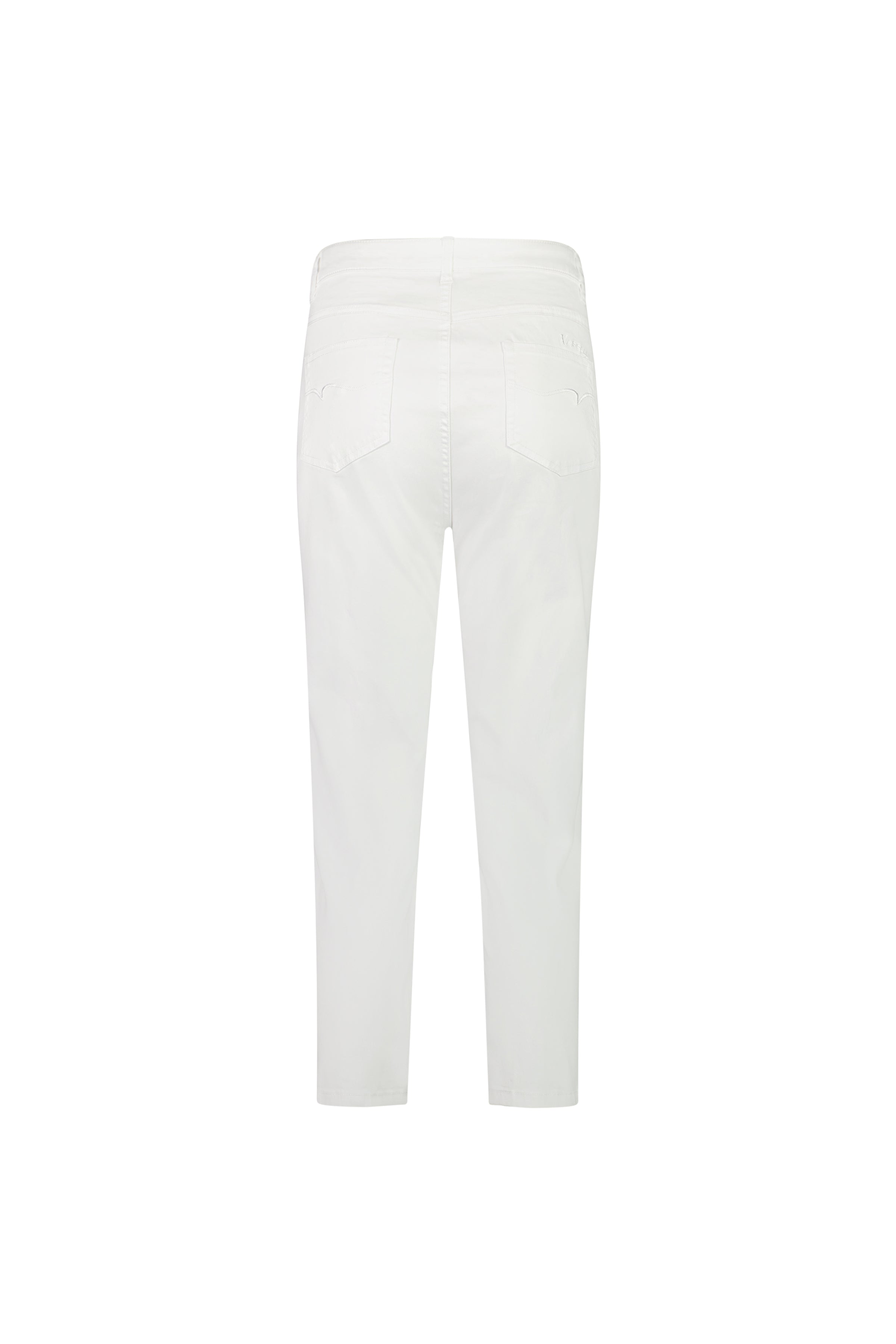 Back view of the Vassalli Sara 7/8 Pant in white, made from stretch cotton for comfort, with two back pockets, shown against a plain white background.