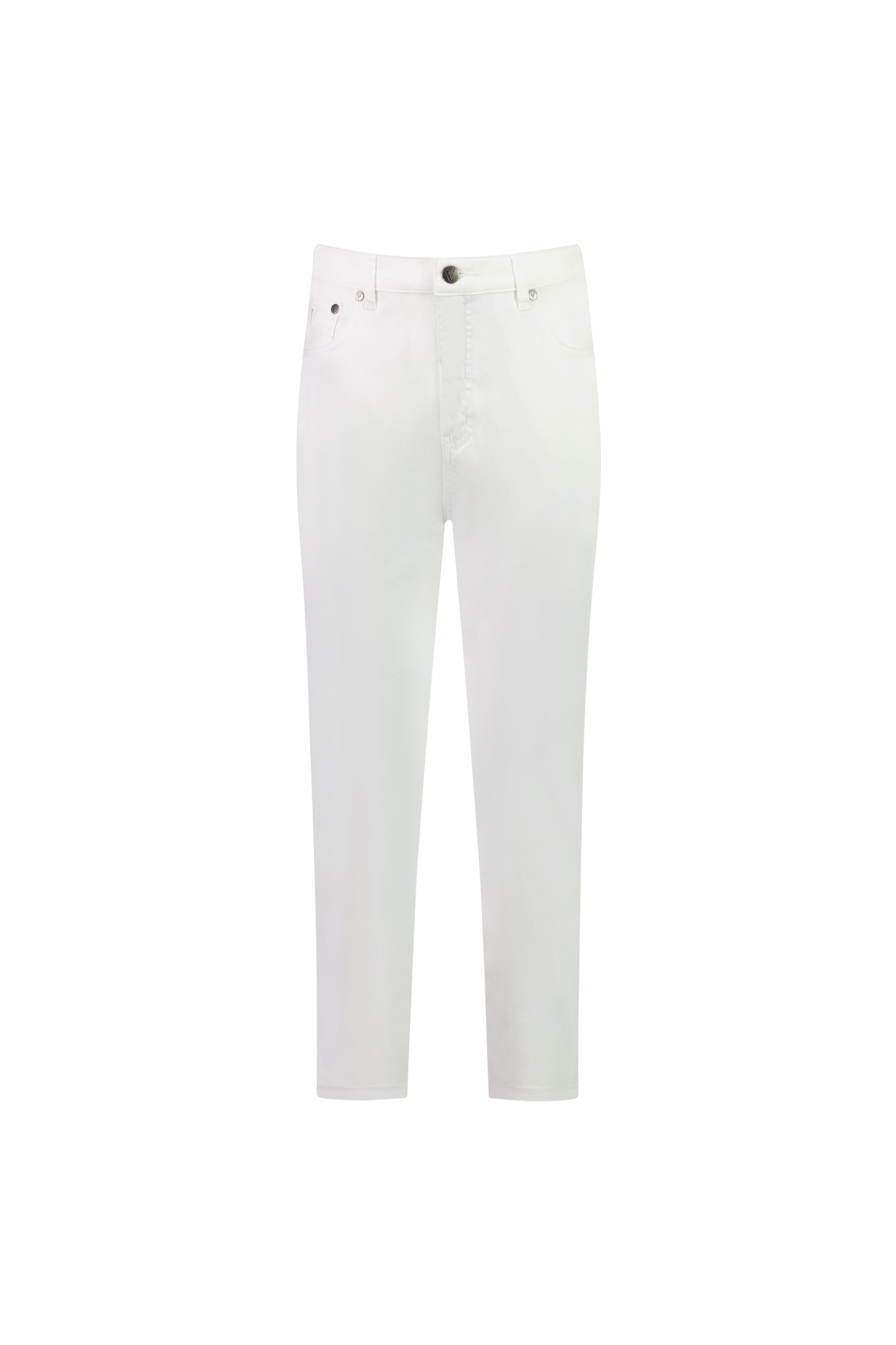 The Vassalli Sara 7/8 Pant in white features a slim fit, ankle-length stretch cotton design with button and zip closure, plus front and back pockets. Shown against a plain white background.
