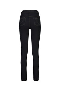 Back view of the Vassalli Reign Jean - Black Denim, featuring contrasting white stitching and two back pockets, shown against a white background.
