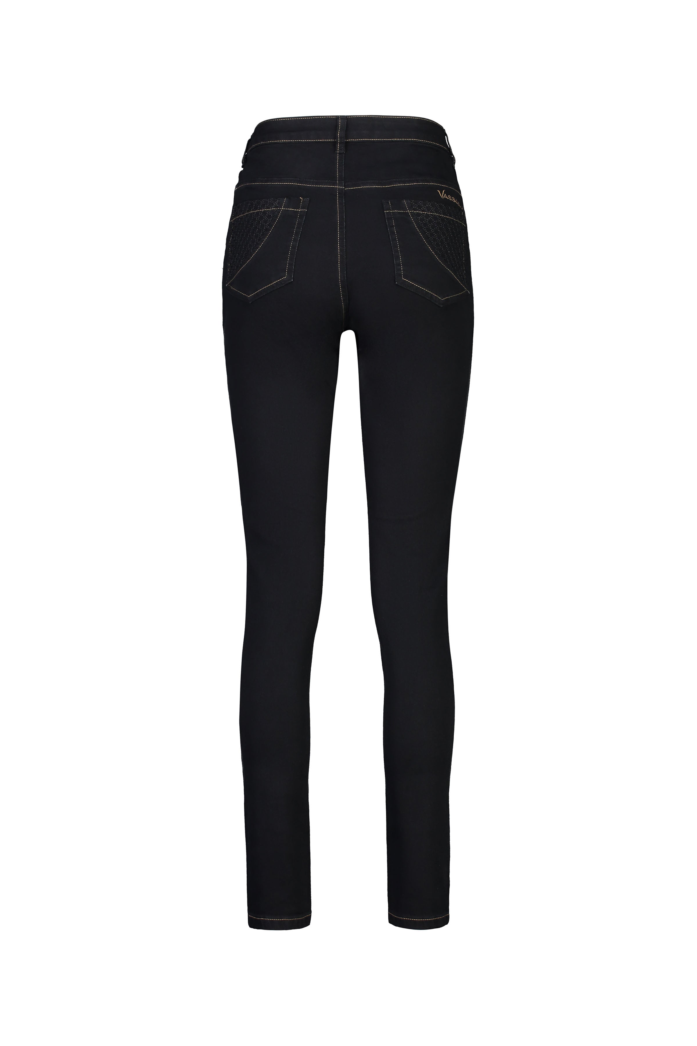 Back view of the Vassalli Reign Jean - Black Denim, featuring contrasting white stitching and two back pockets, shown against a white background.