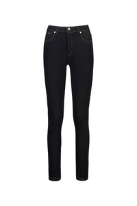 The Vassalli Reign Jean - Black Denim showcases front and back pockets, contrast stitching, belt loops, and a button closure, all set against a plain white background.