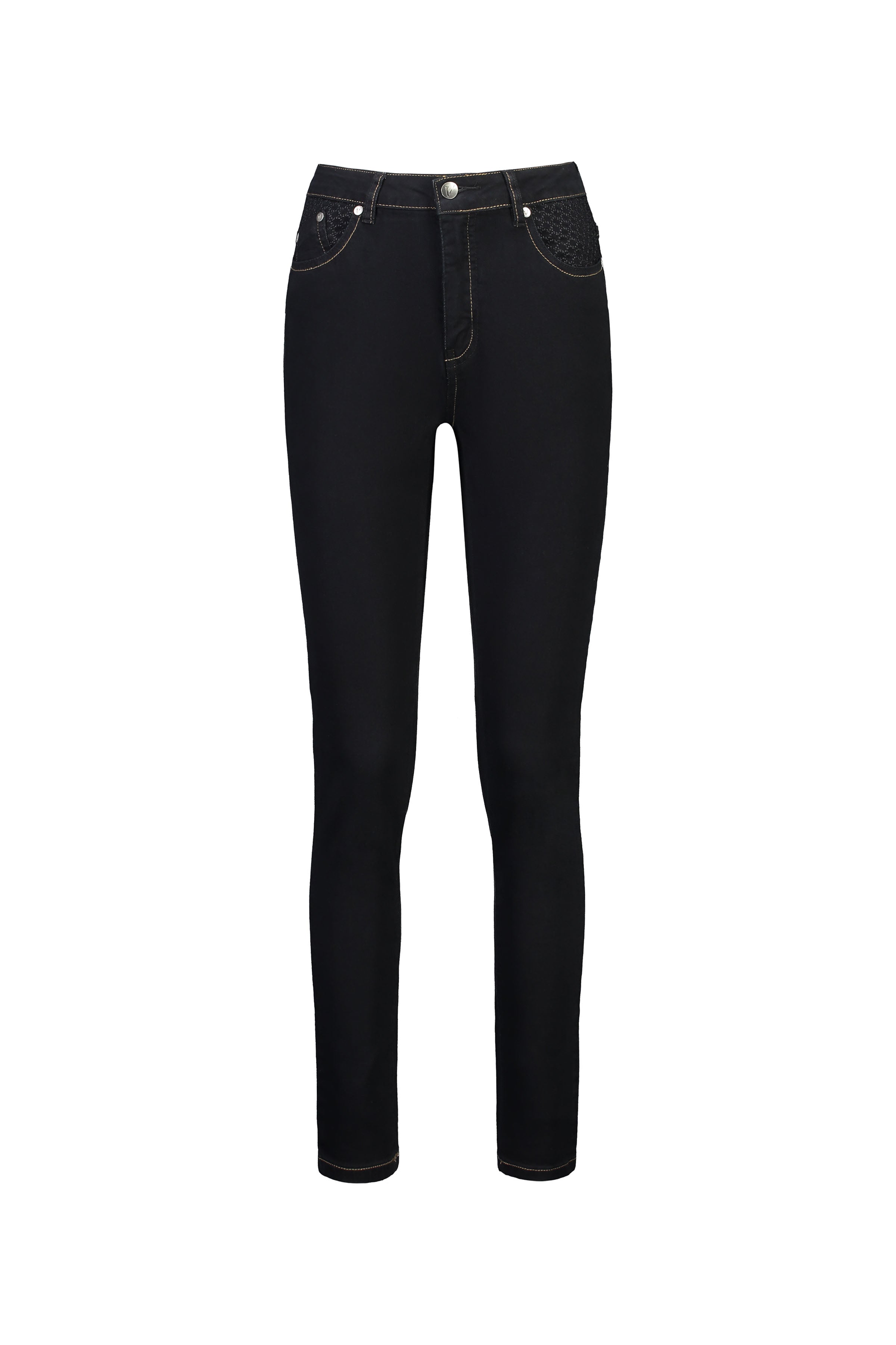 The Vassalli Reign Jean - Black Denim showcases front and back pockets, contrast stitching, belt loops, and a button closure, all set against a plain white background.
