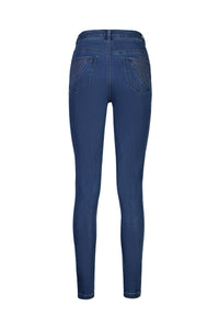 Back view of Vassalli Reign Jean - Plain New Blue high rise skinny jeans in blue, featuring two rear pockets with basket weave embroidery, displayed against a white background.