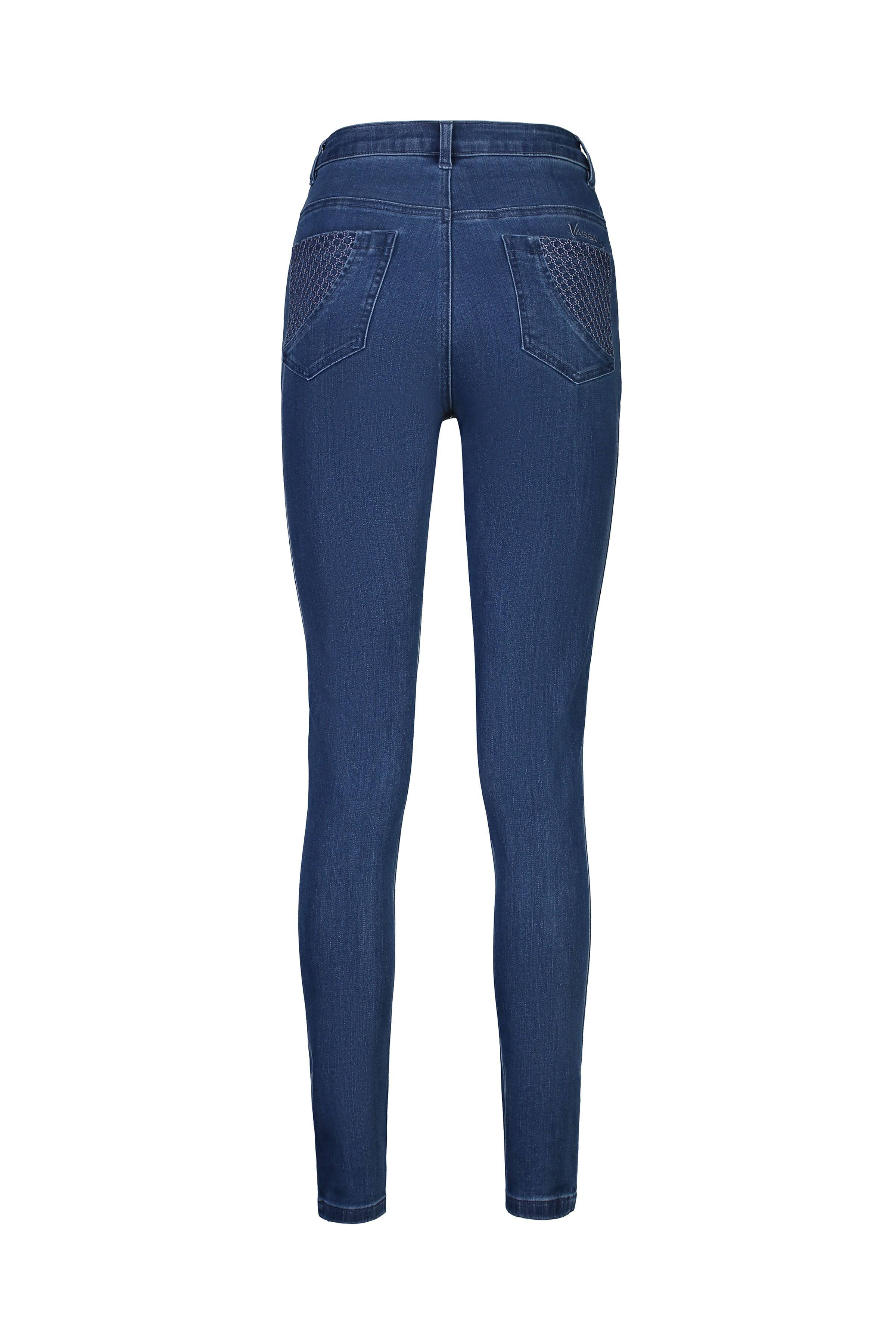 Back view of Vassalli Reign Jean - Plain New Blue high rise skinny jeans in blue, featuring two rear pockets with basket weave embroidery, displayed against a white background.