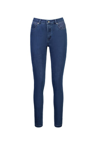 The Vassalli Reign Jean - Plain New Blue features a high rise skinny fit, front and back pockets, button and zip closure, and subtle basket weave embroidery on the front pockets. Shown on a white background.