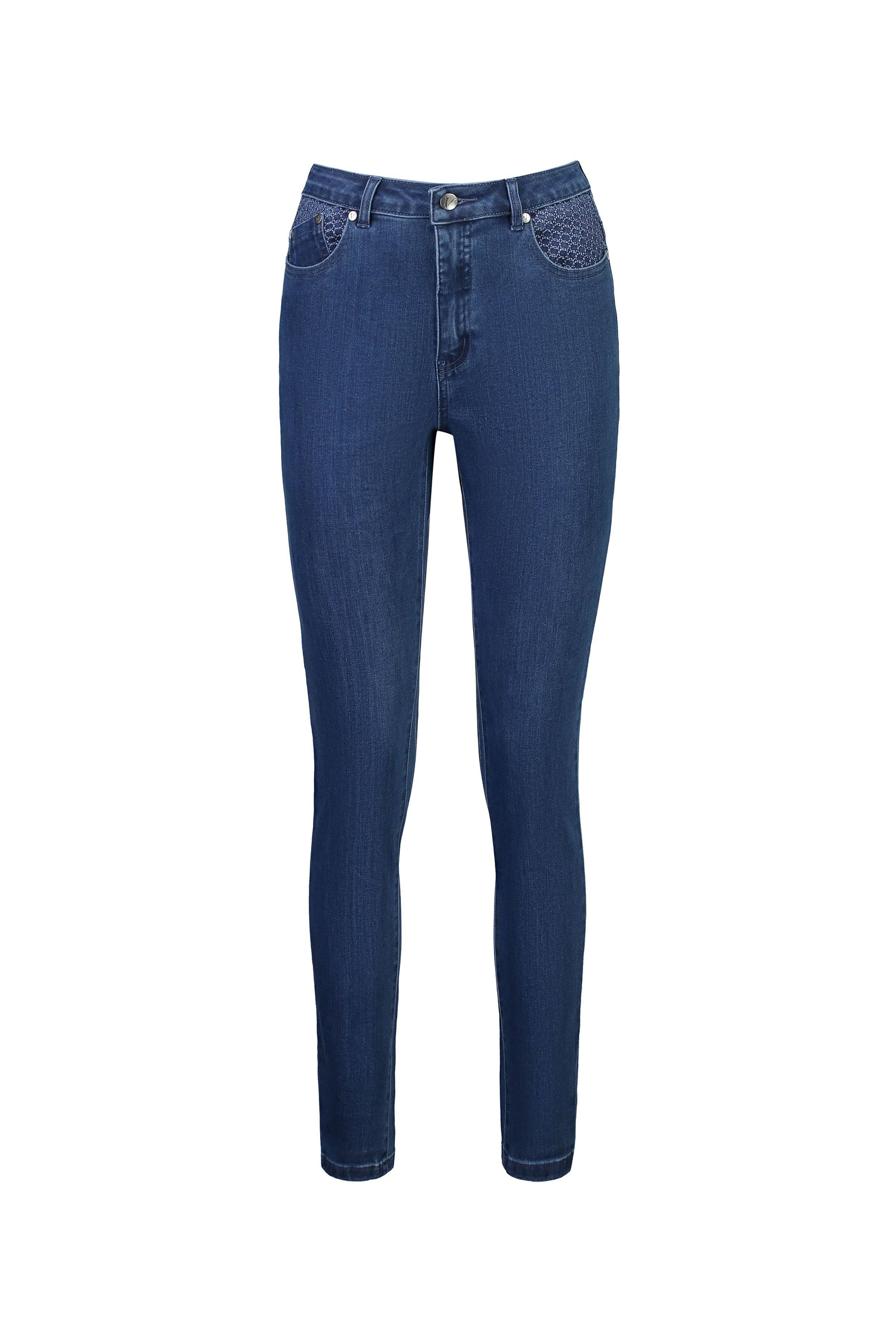 The Vassalli Reign Jean - Plain New Blue features a high rise skinny fit, front and back pockets, button and zip closure, and subtle basket weave embroidery on the front pockets. Shown on a white background.