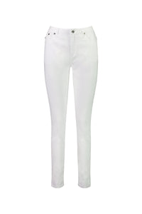 The Vassalli Reign Jean in white denim features a skinny leg, front and back pockets, belt loops, a button closure, and subtle basket weave embroidery, shown on a plain white background.