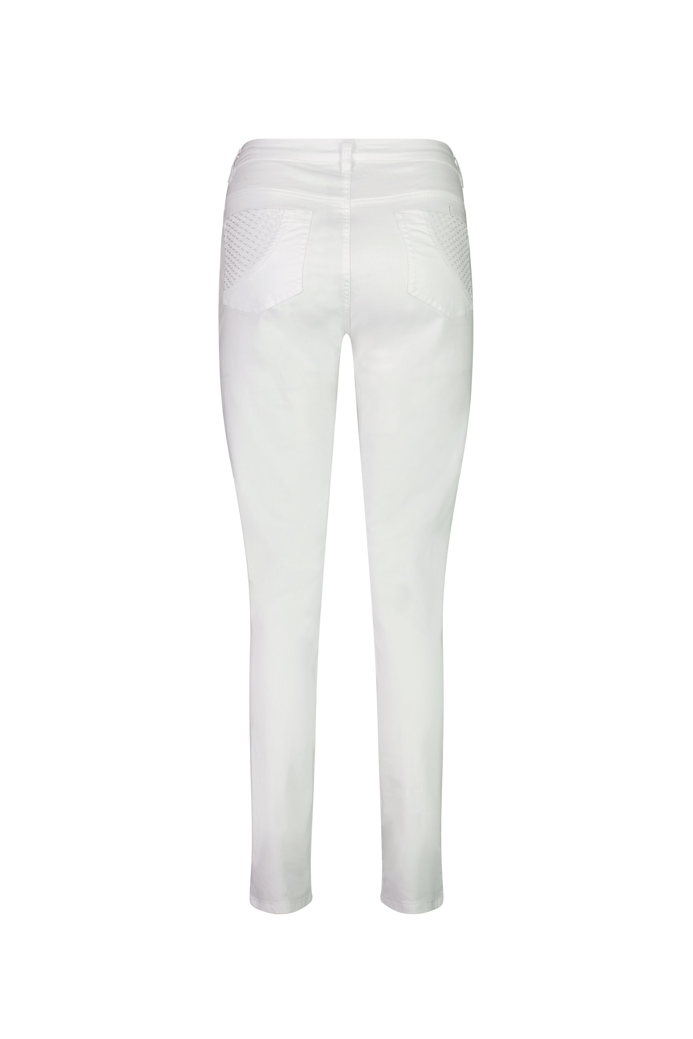 Back view of Vassalli's Reign Jean in white denim, showcasing basket weave embroidery on the back pockets against a plain white backdrop.