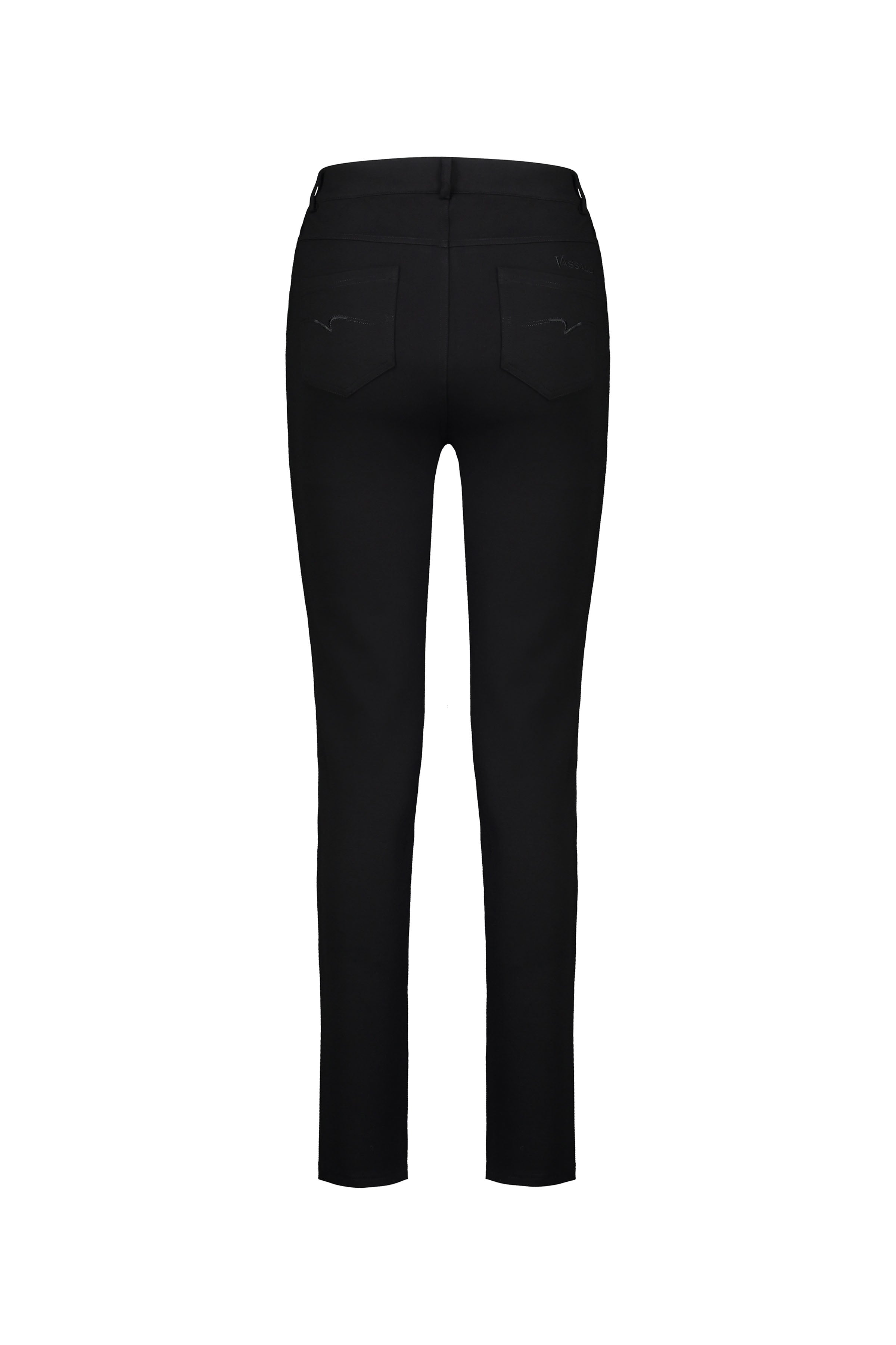 The Vassalli Ponti Pant - Black features a flattering skinny leg, two subtly stitched back pockets, a straight waistband, and stretch fabric for comfort—shown from the back against a white background.