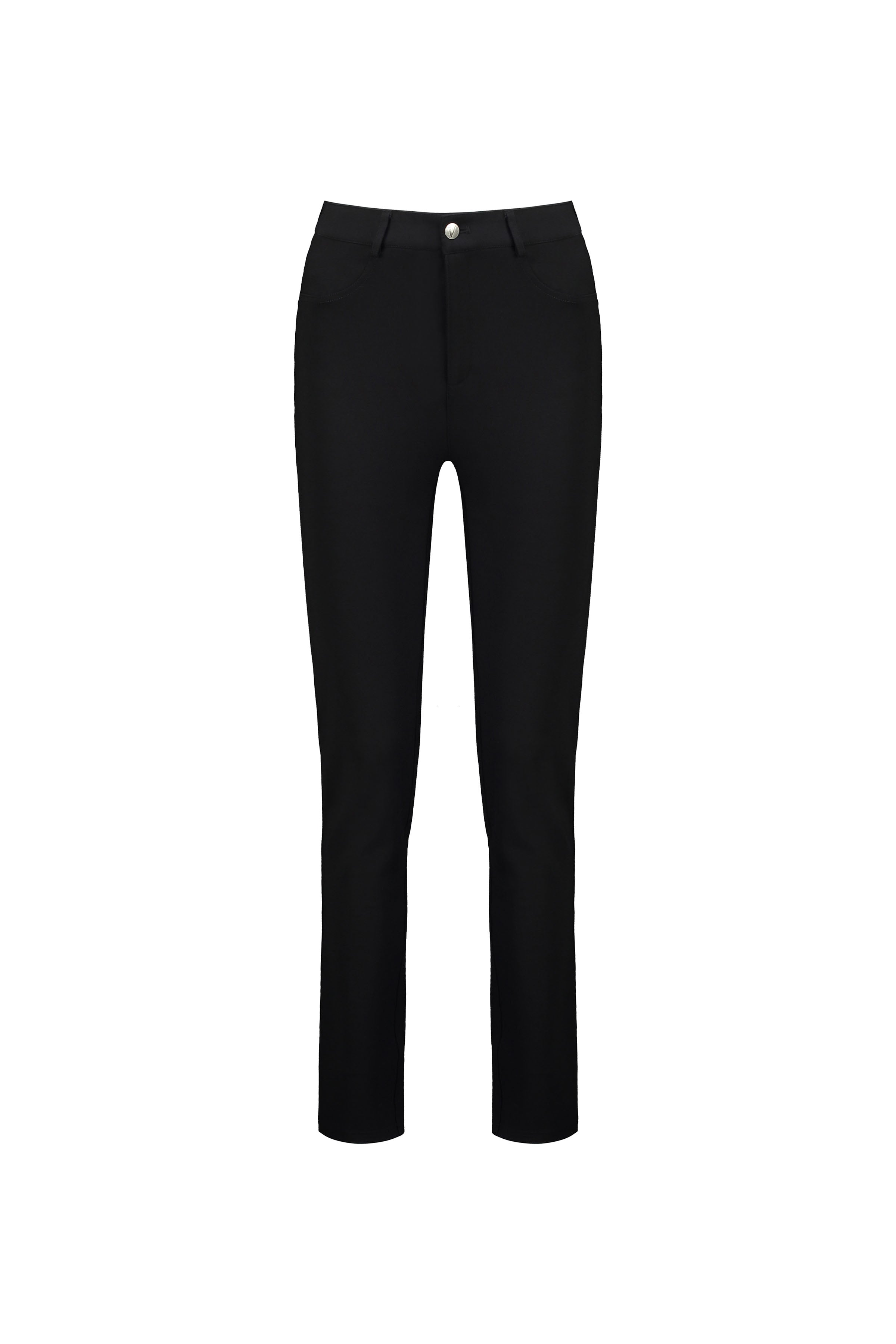 The Vassalli Ponti Pant - Black features a skinny leg, button and zip closure, front pockets, belt loops, and stretch fabric for comfort. Shown on a plain white background.