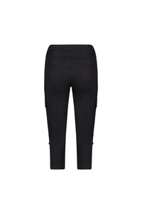 The Vassalli Wave Pant - Black is a cropped cargo style shown from the back, made from stretch poplin. It features side and back patch pockets, an adjustable waistband, and straight legs. Displayed on a plain white background.