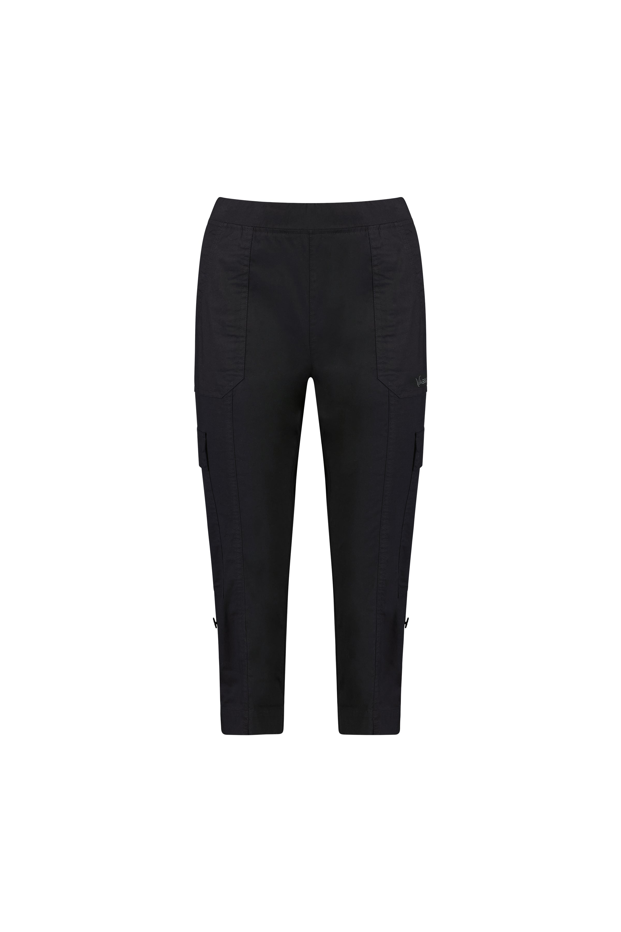 The Vassalli Wave Pant - Black is a slim fit cargo style made from stretch poplin for comfort, featuring an adjustable waistband, two front patch pockets, and side cargo pockets. Shown against a white background.