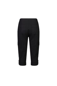 The Vassalli Wave Pant - Black is a knee-length cargo style with seat and side flap pockets, adjustable waistband, and buttoned cuff straps. Made from stretch poplin, it’s shown from the back against a white background.