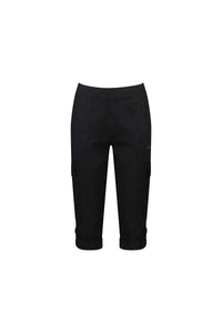 The Vassalli Wave Pant - Black is a knee-length cargo pant in stretch poplin, featuring side pockets, adjustable waistband, and cuffed hems, shown against a white background.