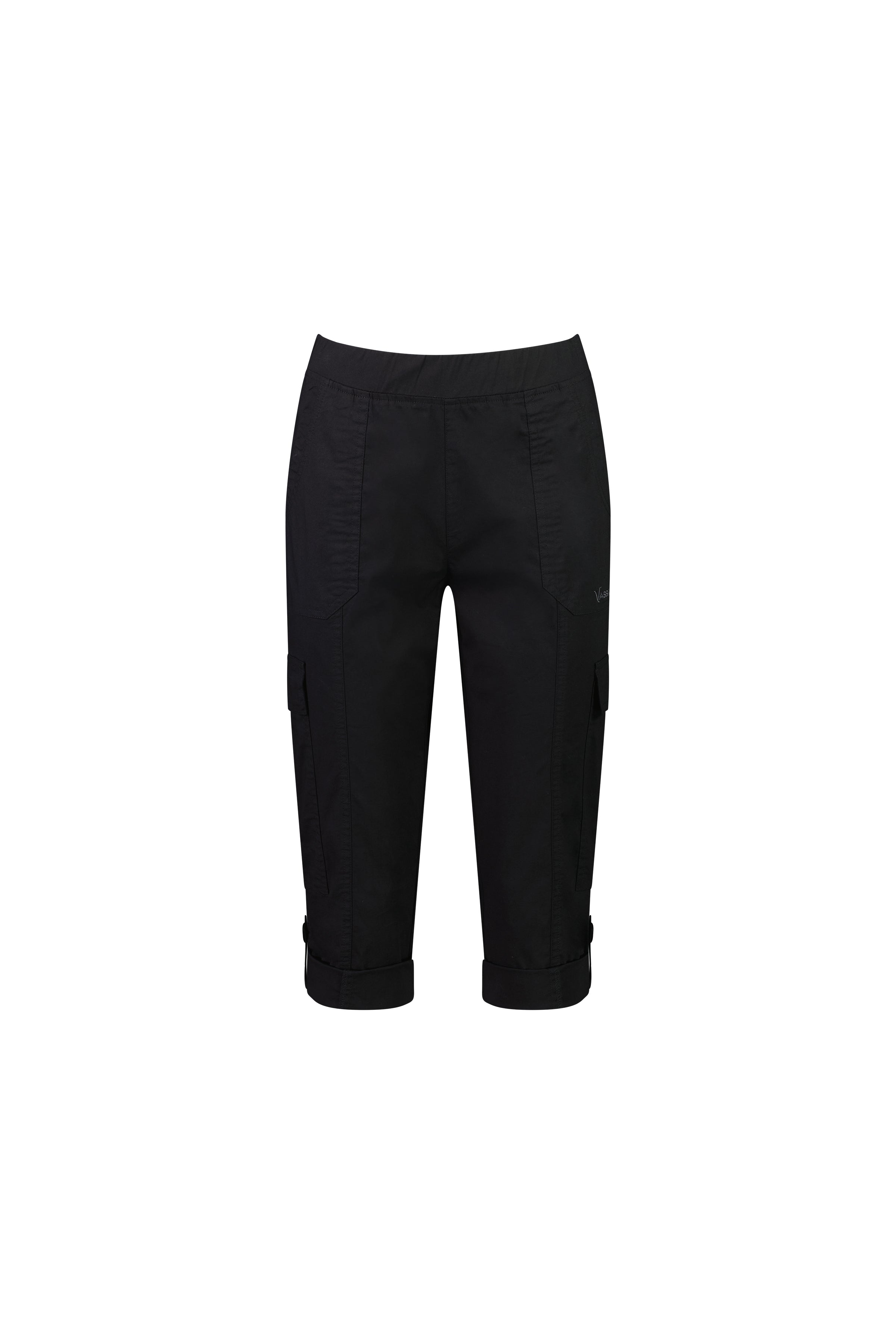 The Vassalli Wave Pant - Black is a knee-length cargo pant in stretch poplin, featuring side pockets, adjustable waistband, and cuffed hems, shown against a white background.
