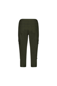 Back view of the Vassalli Wave Pant - Khaki, knee-length relaxed cargo style in stretch poplin with side pockets and adjustable waistband, shown on a white background.