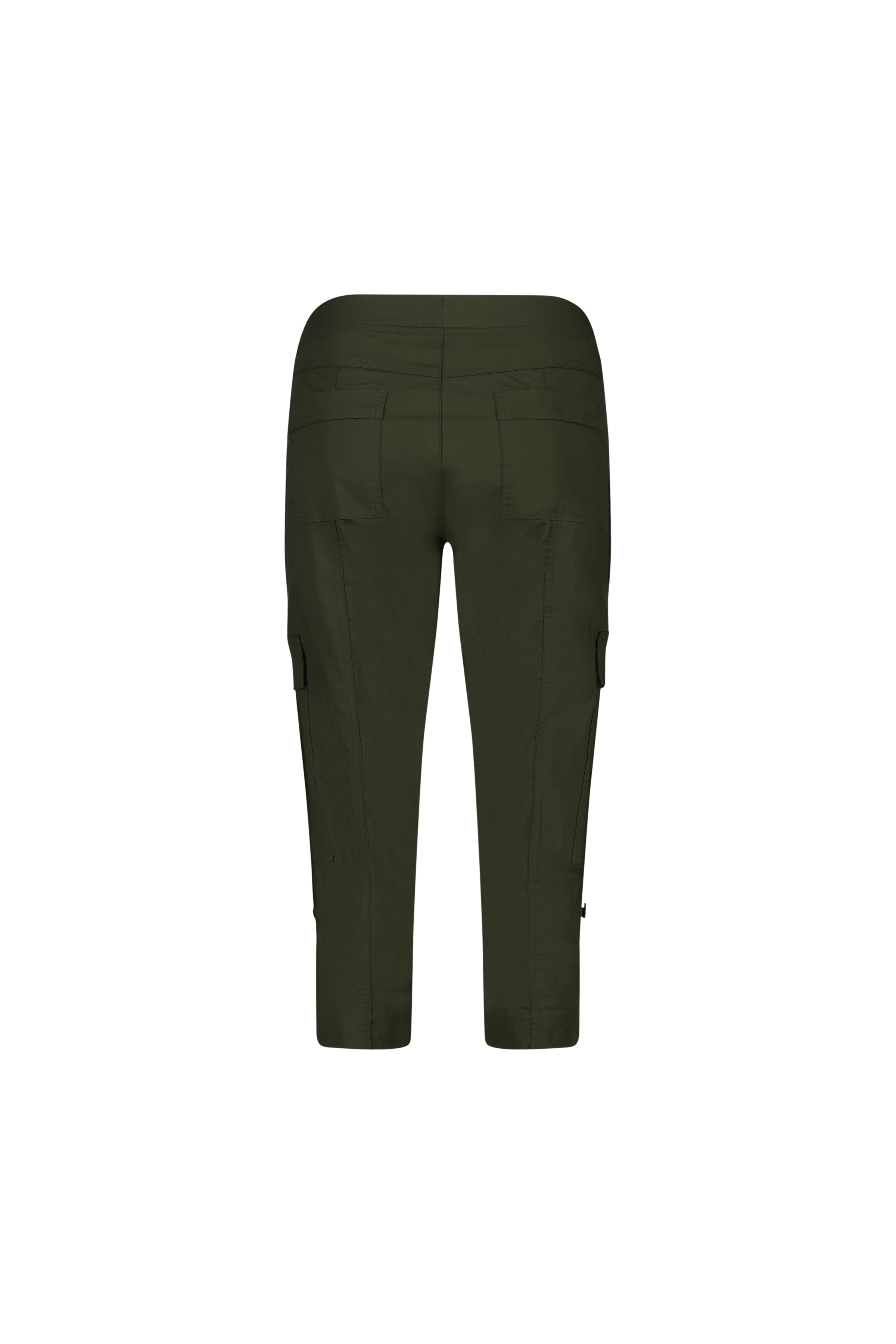 Back view of the Vassalli Wave Pant - Khaki, knee-length relaxed cargo style in stretch poplin with side pockets and adjustable waistband, shown on a white background.