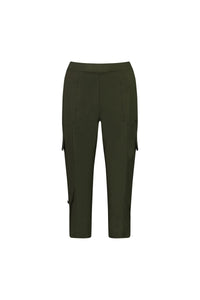 The Vassalli Wave Pant in khaki is a cropped, relaxed cargo style with side pockets, visible seams, an adjustable waistband, and stretch poplin fabric, shown on a plain white background.