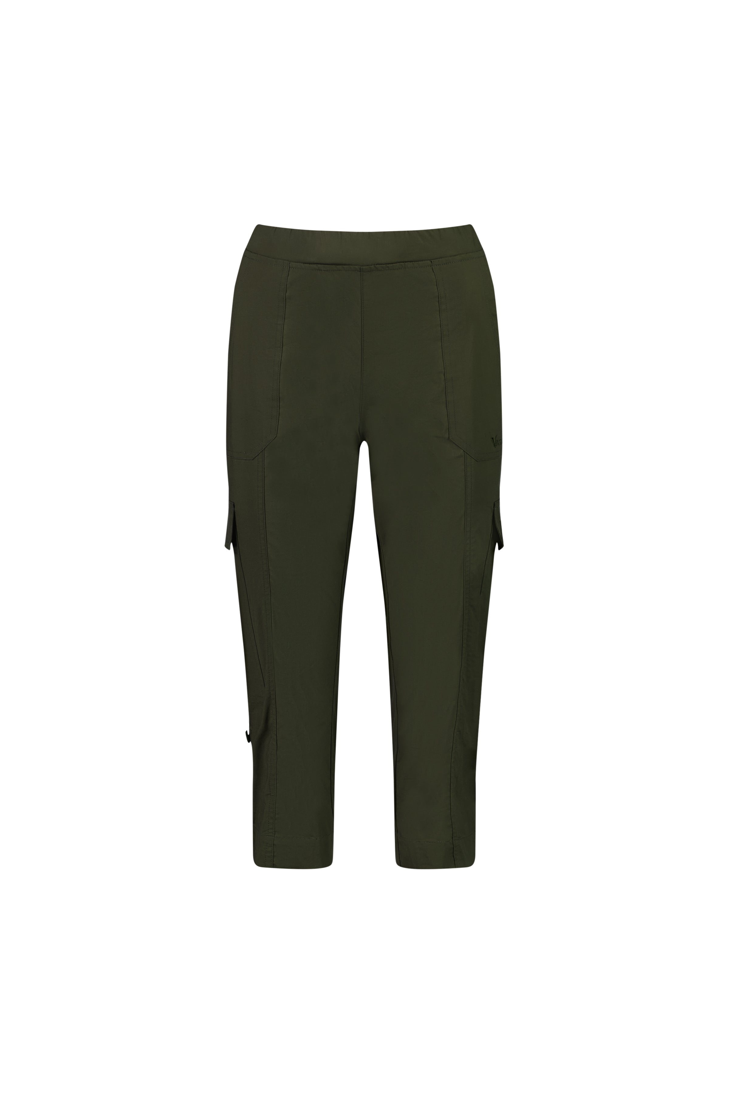 The Vassalli Wave Pant in khaki is a cropped, relaxed cargo style with side pockets, visible seams, an adjustable waistband, and stretch poplin fabric, shown on a plain white background.