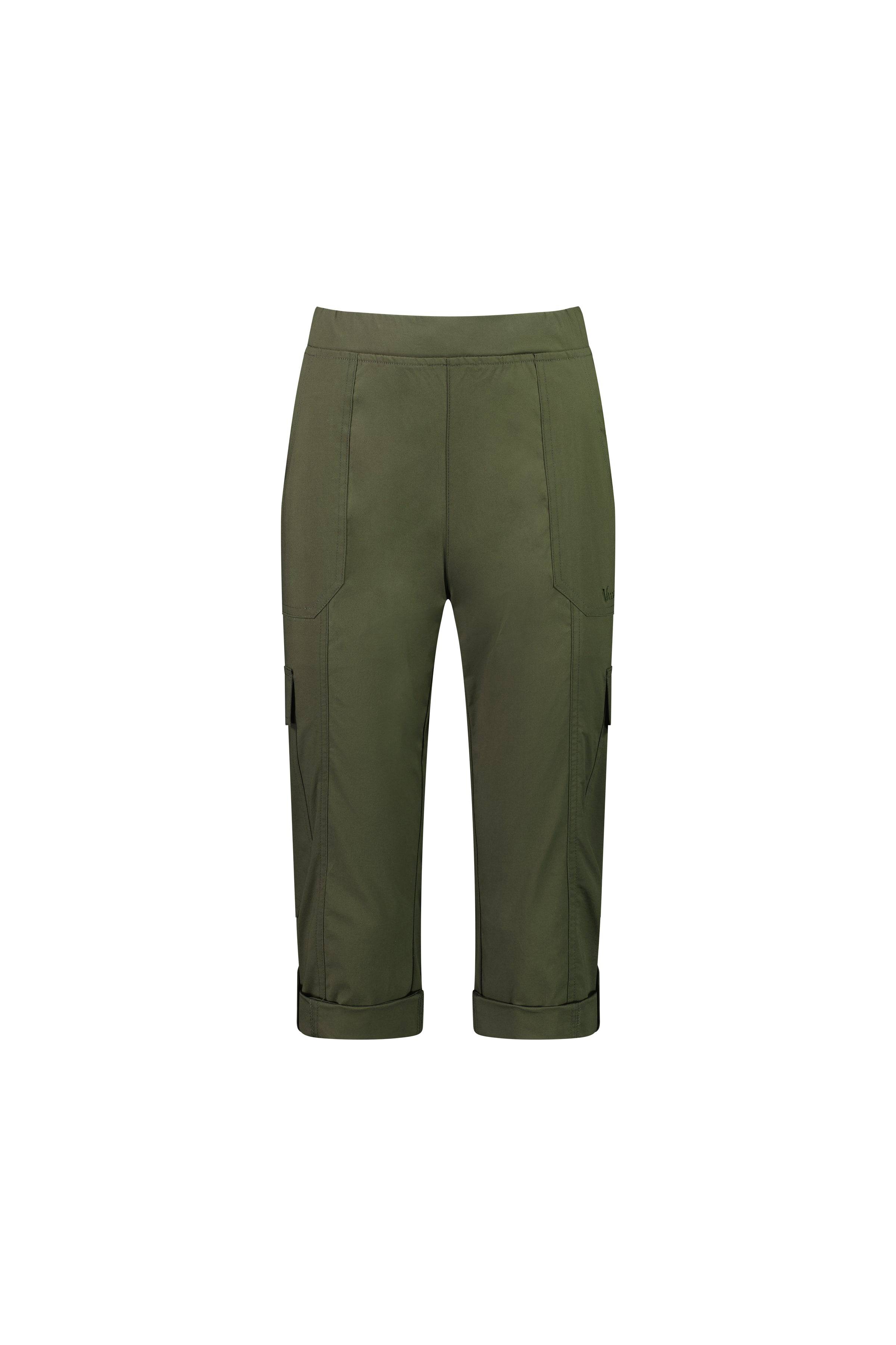 The Vassalli Wave Pant in khaki features stretch poplin, cuffed hems, front and side flap pockets, and an adjustable waistband, shown against a white background.