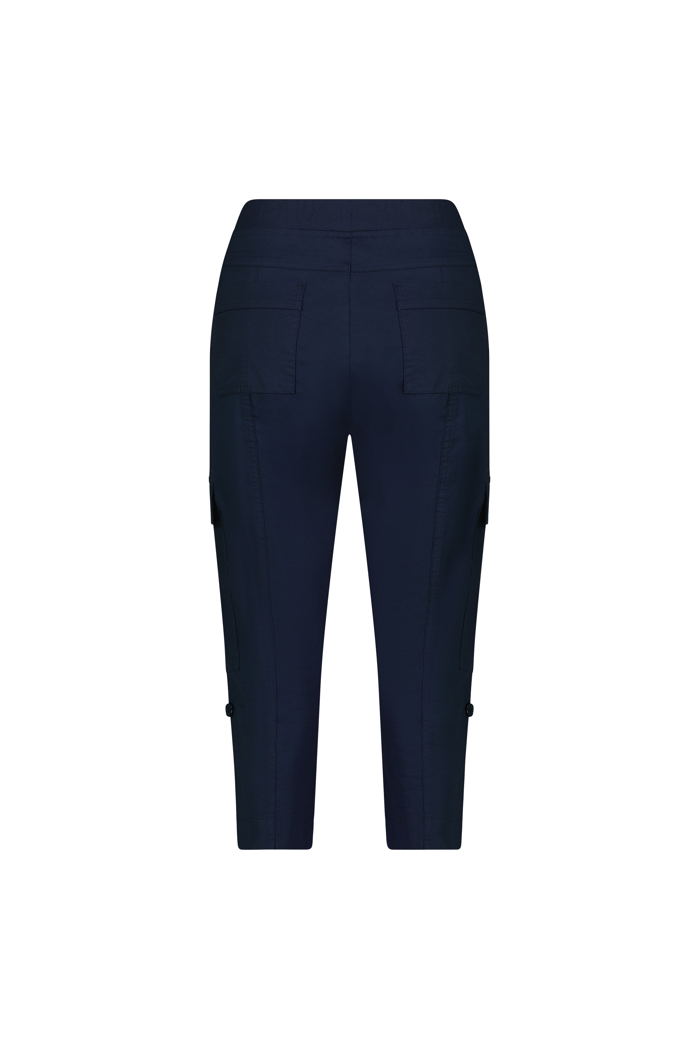 The Vassalli Wave Pant in navy, shown from the back on a white background, features an adjustable waistband, two back and side pockets, a straight-leg fit, and cropped length.