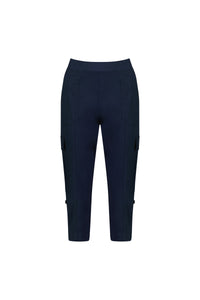 The Vassalli Wave Pant - Navy is a cropped cargo pant in stretch poplin with side pockets, seam detailing, and an adjustable waistband, shown against a white background.