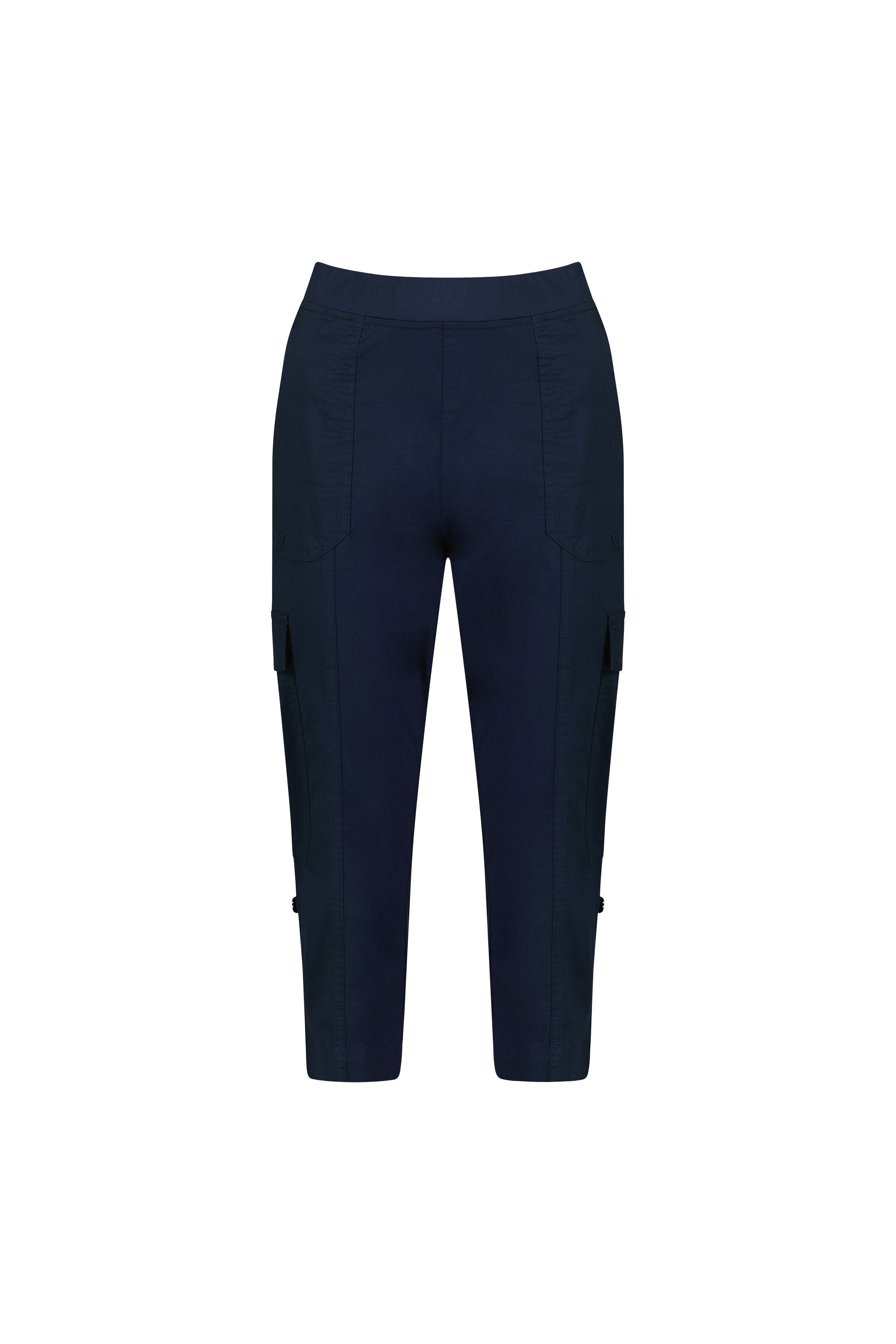 The Vassalli Wave Pant - Navy is a cropped cargo pant in stretch poplin with side pockets, seam detailing, and an adjustable waistband, shown against a white background.