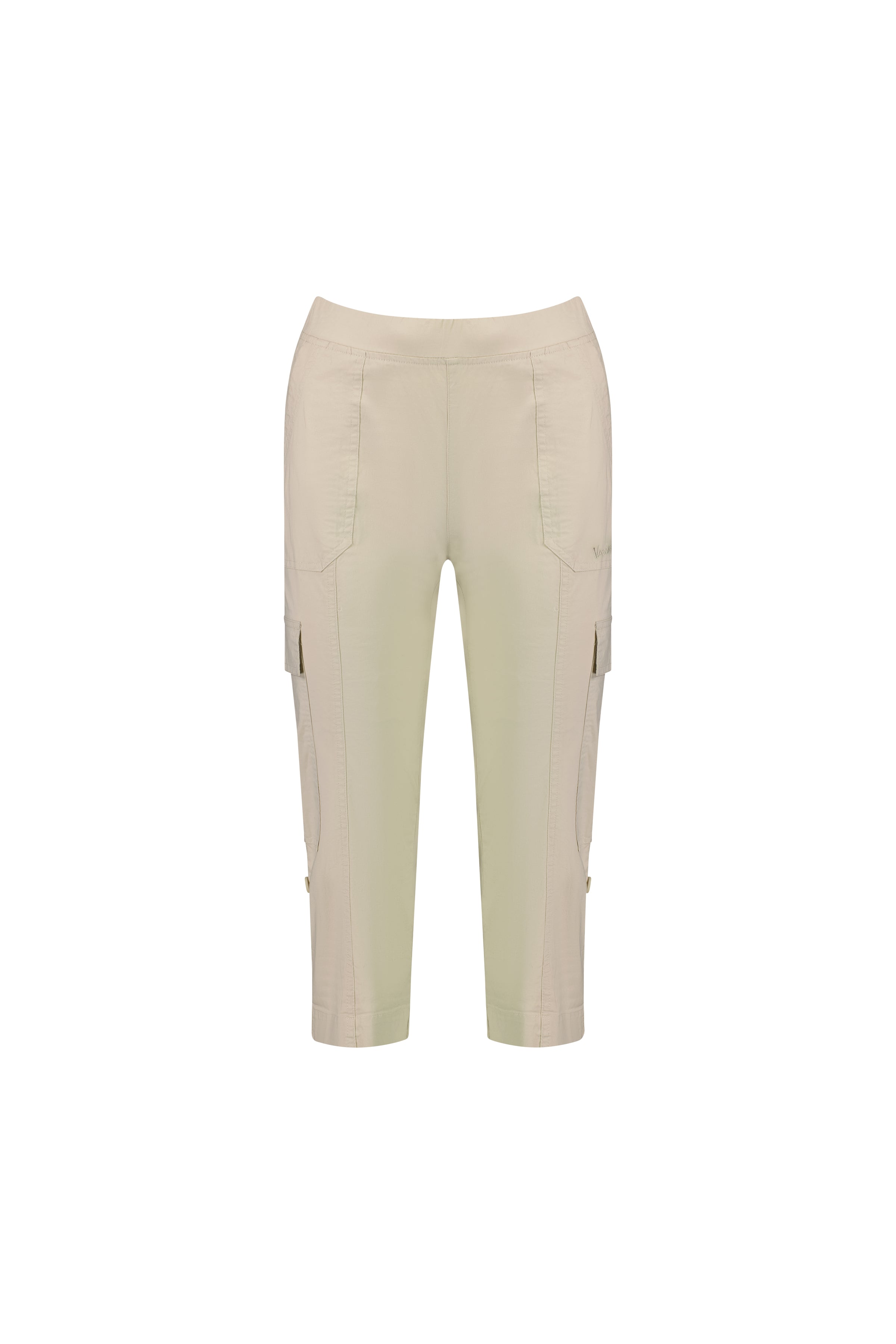 The Vassalli Wave Pant - Sand is a beige, knee-length cargo pant in stretch poplin with side pockets, front seams, and a fitted waistband, shown against a plain white background.