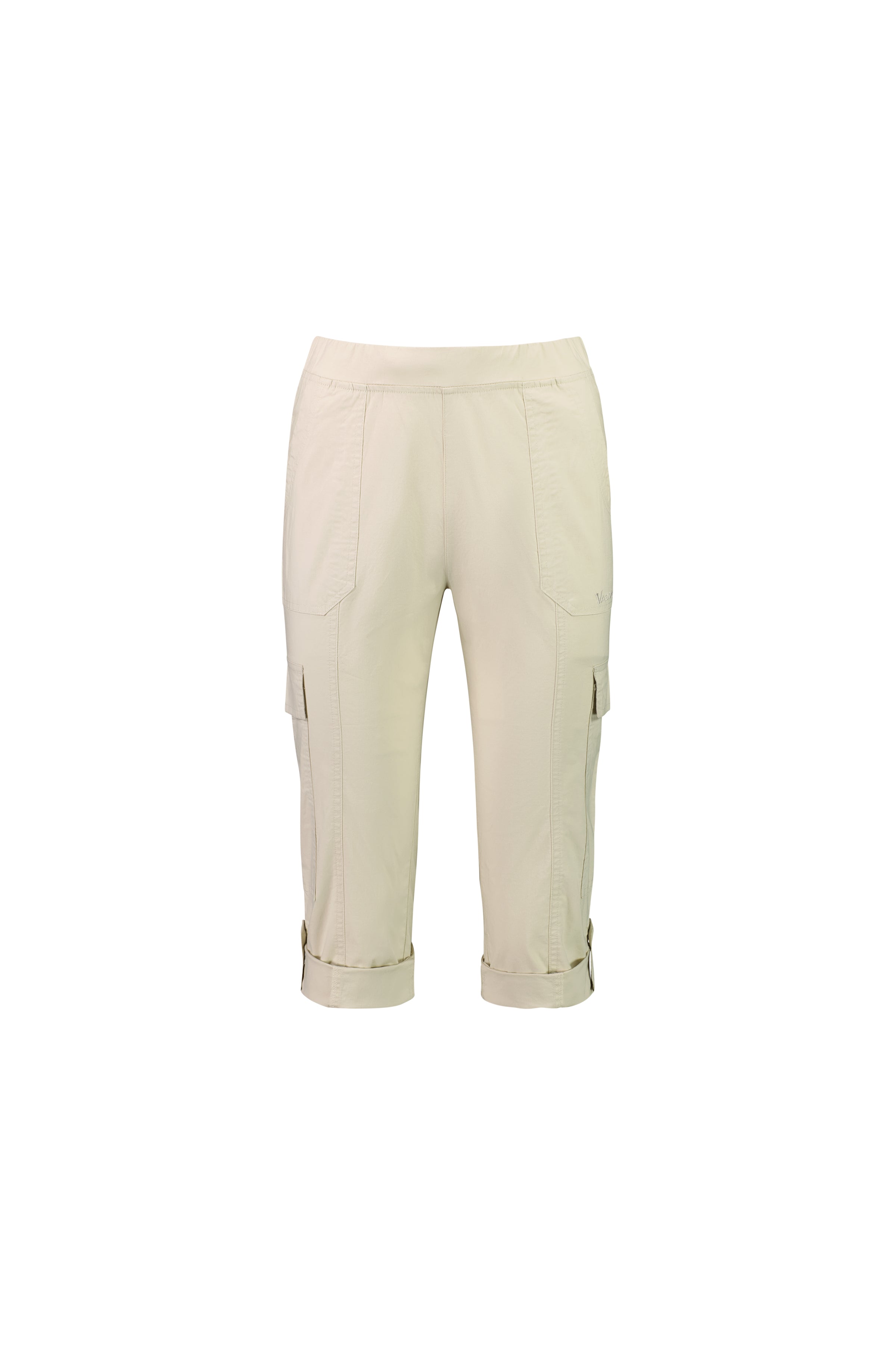 Vassalli Wave Pant - Sand: Beige cropped cargo pants in stretch poplin, featuring side pockets, a pull-on waistband, and cuffed hems. Displayed on a white background.