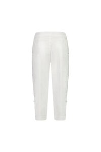 Back view of the Vassalli Wave Pant in white stretch poplin, featuring cropped length, side and back flap pockets, and an adjustable waistband, shown against a plain white background.