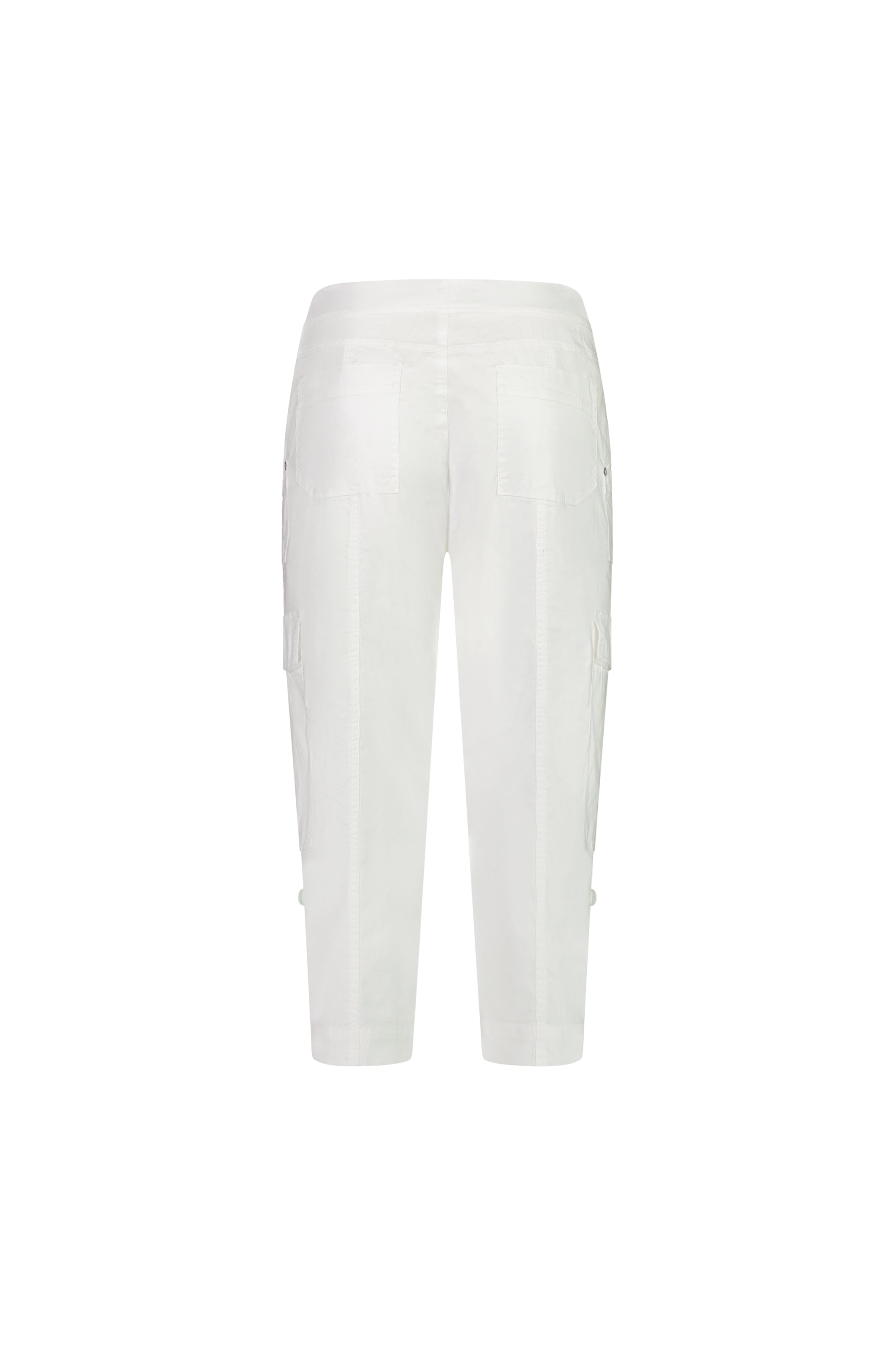 Back view of the Vassalli Wave Pant in white stretch poplin, featuring cropped length, side and back flap pockets, and an adjustable waistband, shown against a plain white background.